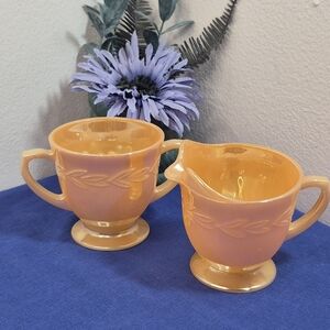 Vintage Anchor Hocking Fire-King Peach Lustre Laurel Creamer and Sugar Set